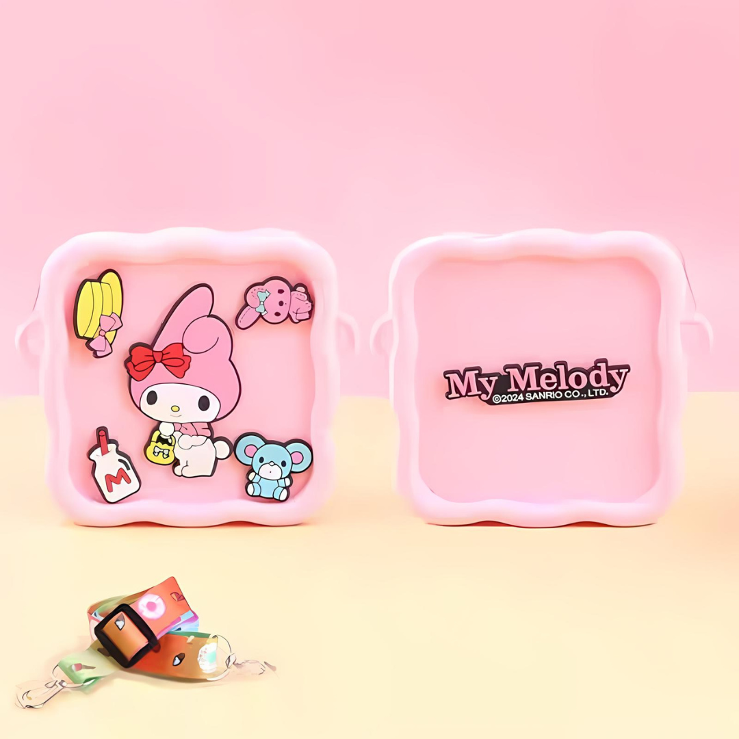 Pink Silicone Sling Bags Featuring Sanrio Character Design on a Pink Background - Tinyminymo