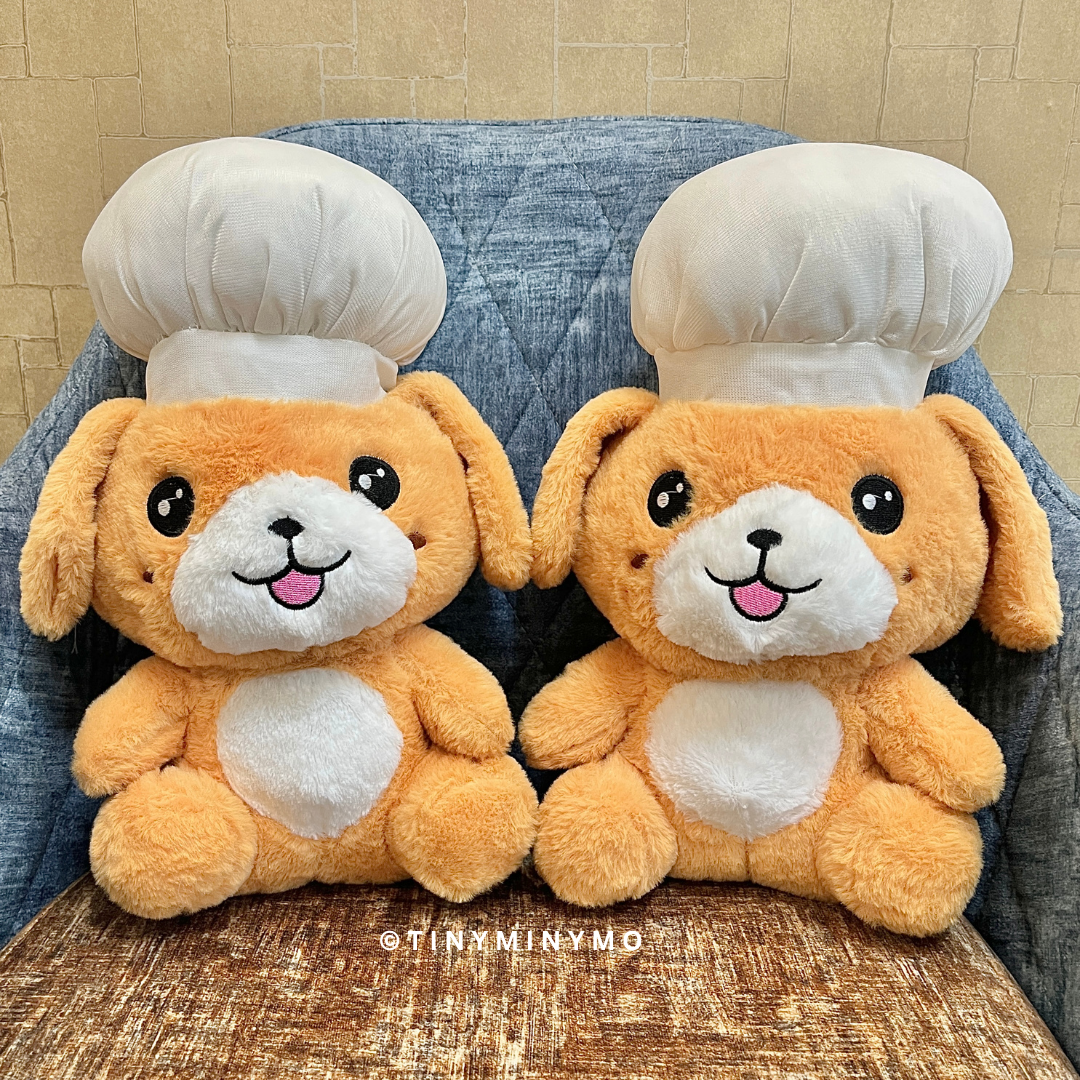Two Chef Puppy Soft Toy on a a Blue and Brown Cushioned Chair - Tinyminymo