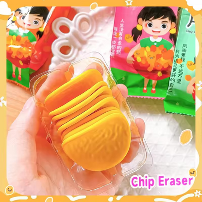 Packaged Chips Erasers held by a hand in the background - Tinyminymo