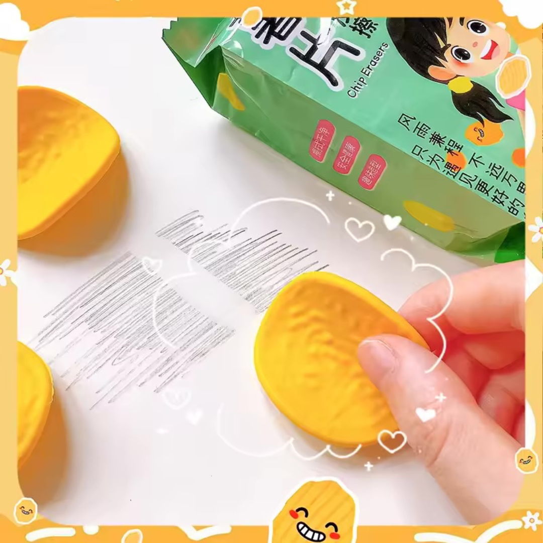 Chips Eraser held by a hand with a green package in the background - Tinyminymo