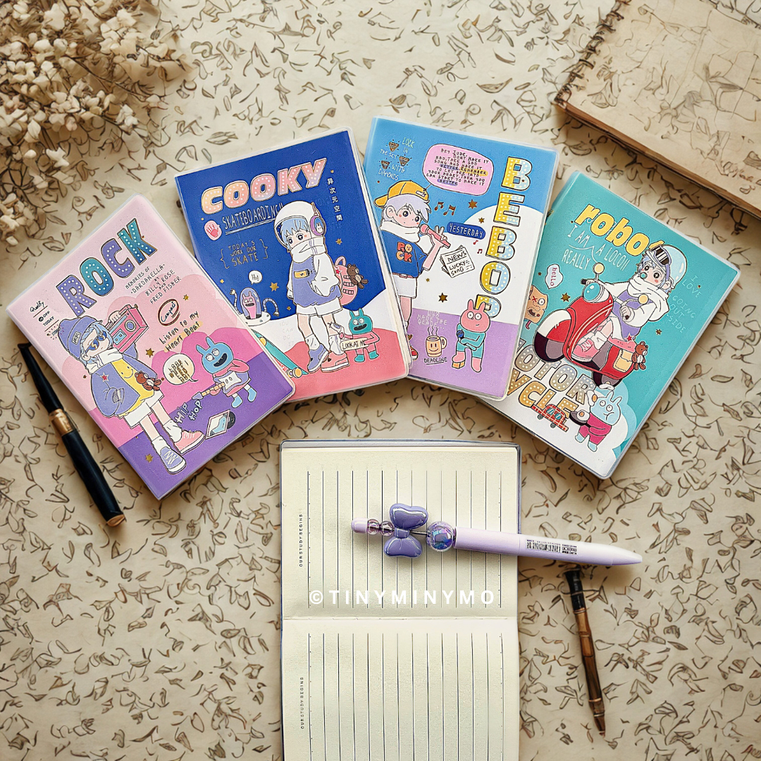 Four Cool Boy Pocket Diary Designs on a Textured surface with a Pen and Notebook - Tinyminymo