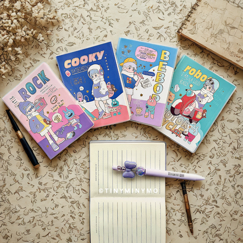 Four Cool Boy Pocket Diary Designs on a Textured surface with a Pen and Notebook - Tinyminymo