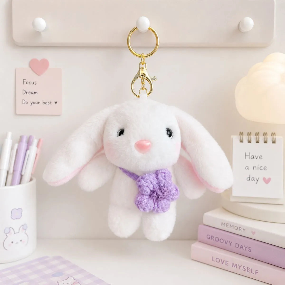 Cool Bunny 3D Keychain with Lavender Flower - Tinyminymo