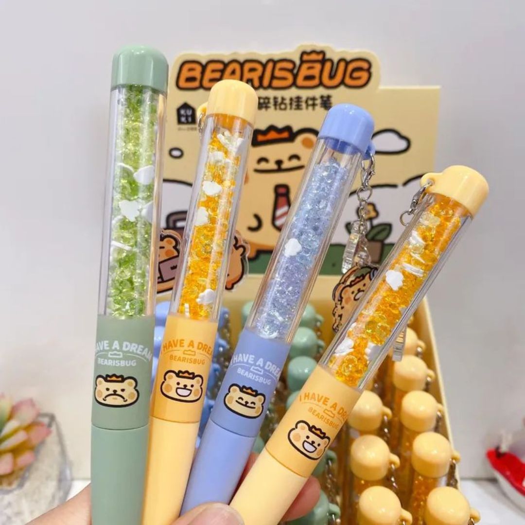 Four Colorful Crystal Bear Charm Gel Pen held in Hand - Tinyminymo