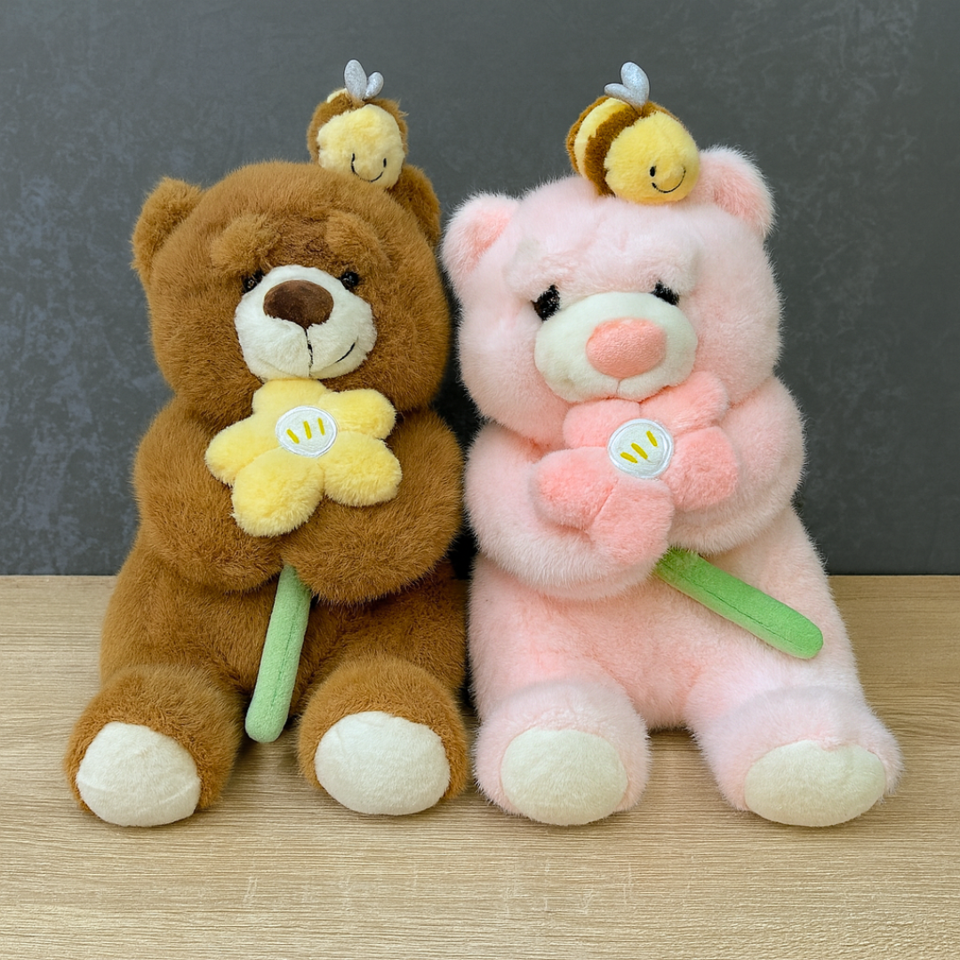 Two Plush toys, a Brown Bear and a Pink Bear, Holding Flowers - Tinyminymo