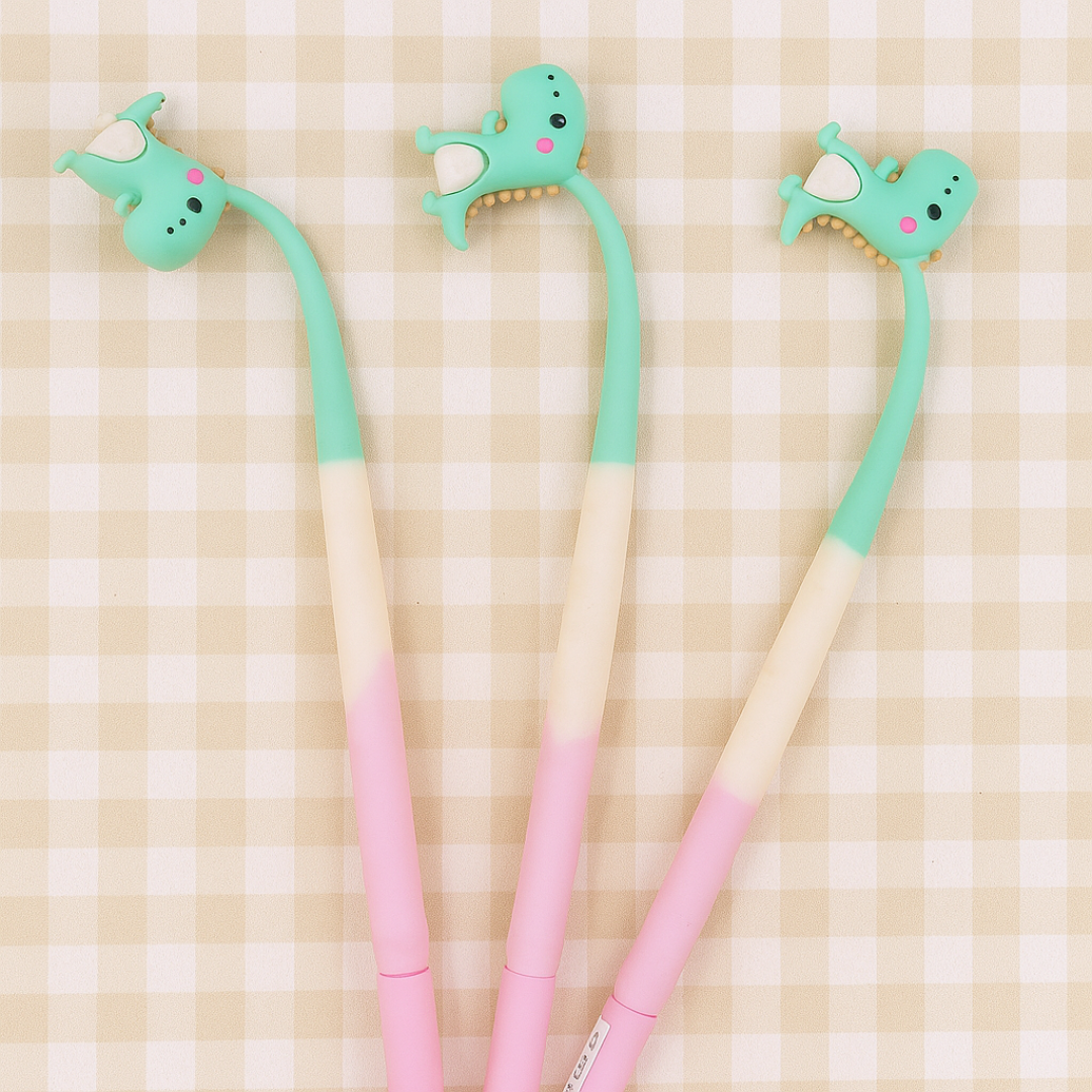 Three Green Cute Dino Dancing Pen on a Checkered Background - Tinyminymo