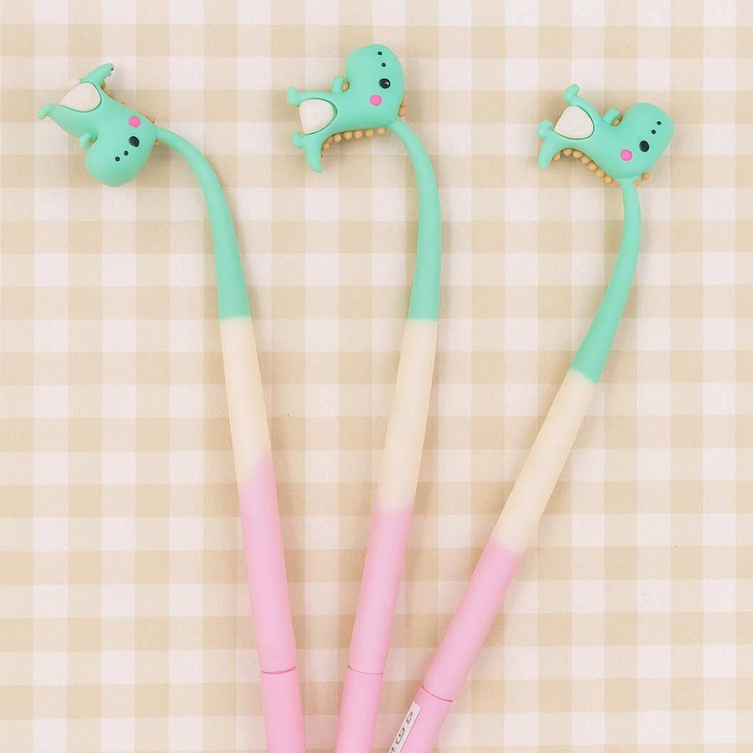 Three Green Cute Dino Dancing Pen on a Checkered Background - Tinyminymo