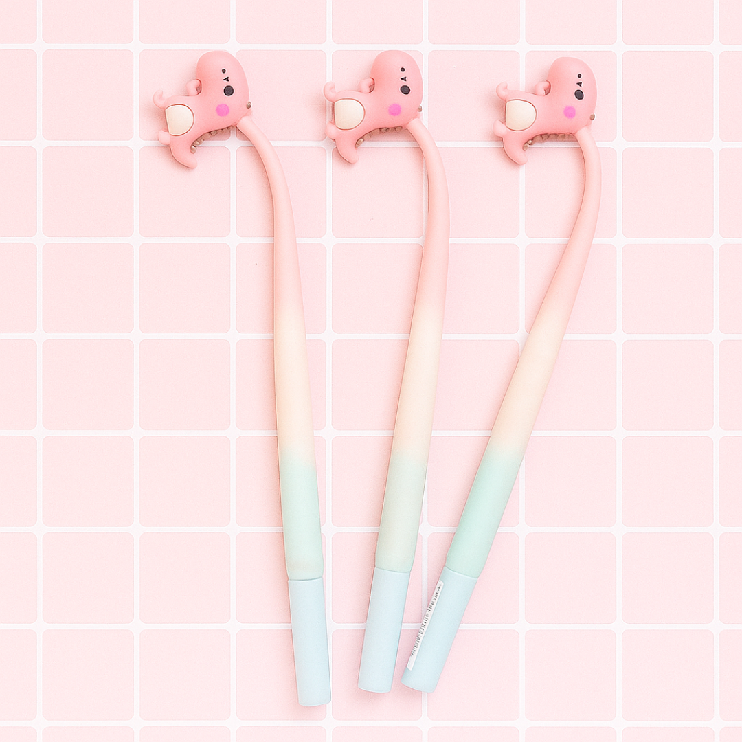 Three Pink Cute Dino Dancing Pen on a Pink Grid Background - Tinyminymo