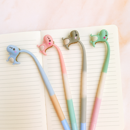 Four Cute Dino Dancing Pen on a Lined Notebook Page - Tinyminymo
