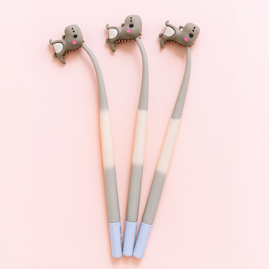 Three Grey Cute Dino Dancing Pen on a Pink Background - Tinyminymo