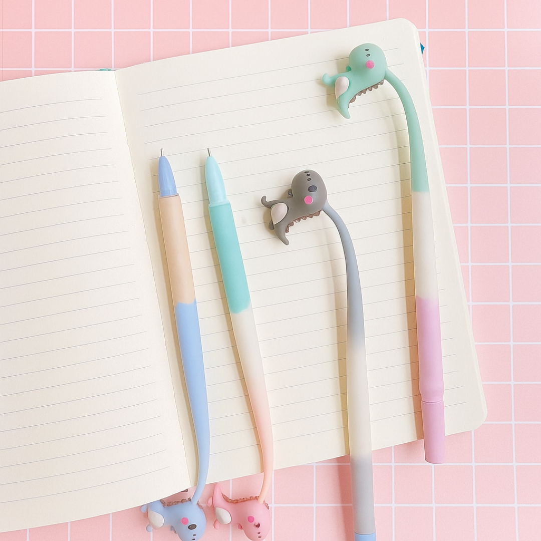 Cute Dino Dancing Pen on a Pink Grid Background - Tinyminymo