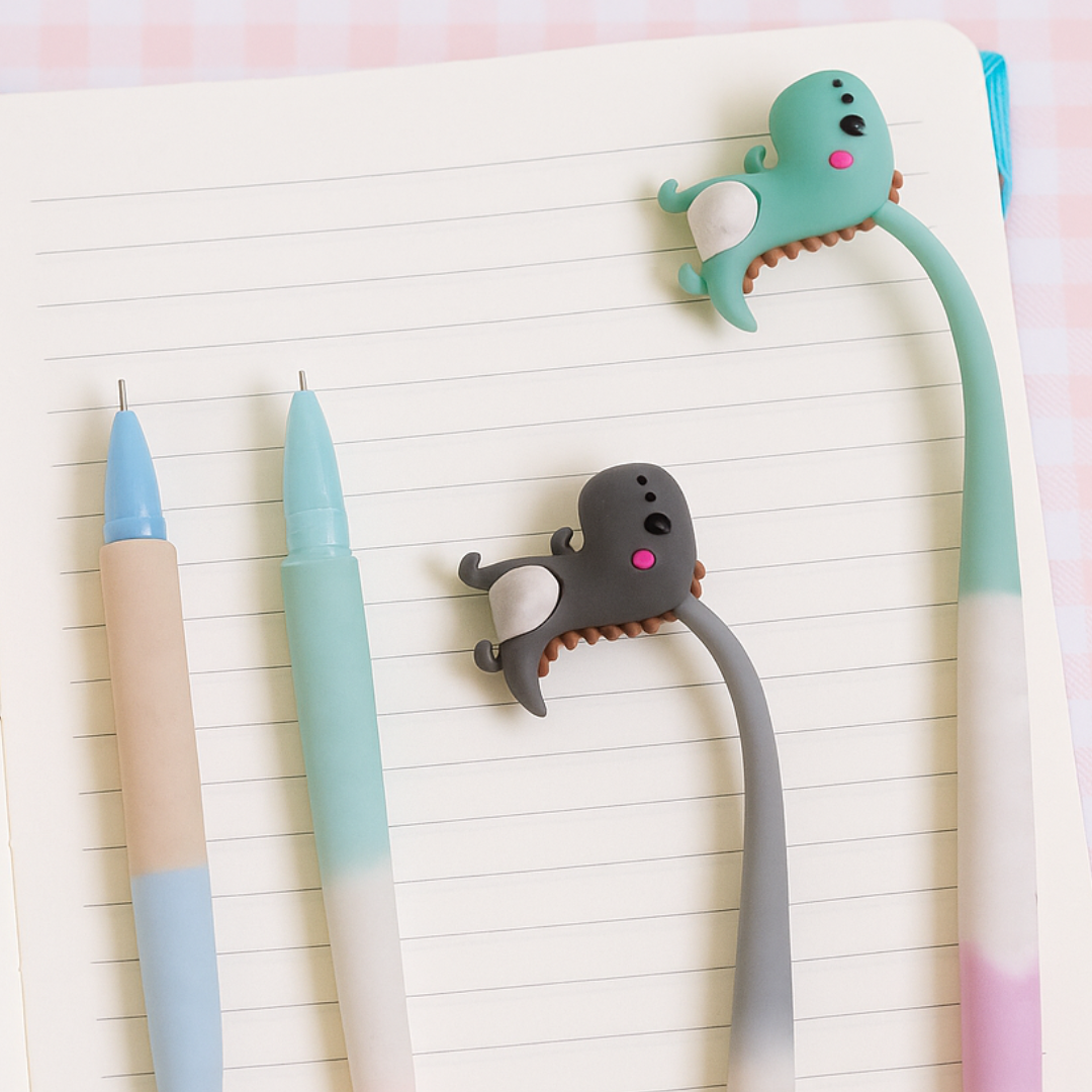 Two Cute Dino Dancing Pen on a Lined Notebook Page - Tinyminymo