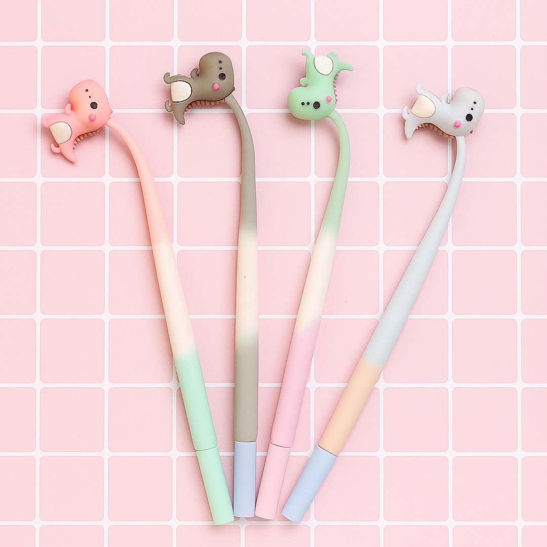 Four Cute Dino Dancing Pen on a Pink Grid Background - Tinyminymo