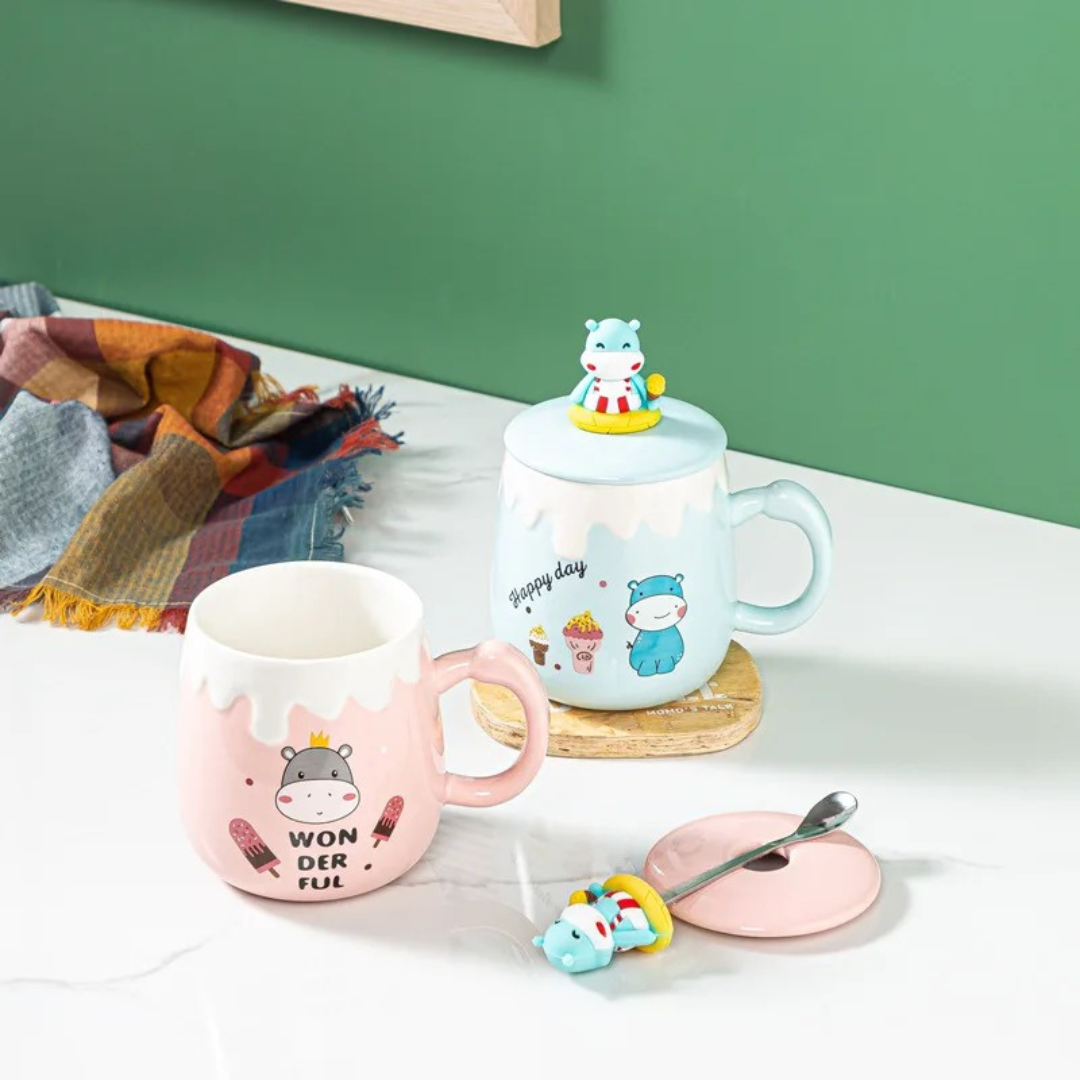 Cute Hippo Mug with Lid and Spoon - Tinyminymo