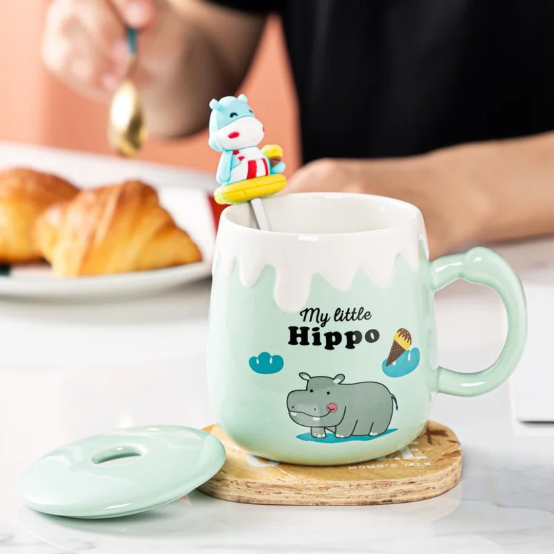Cute Hippo Mug with Lid and Spoon - Tinyminymo