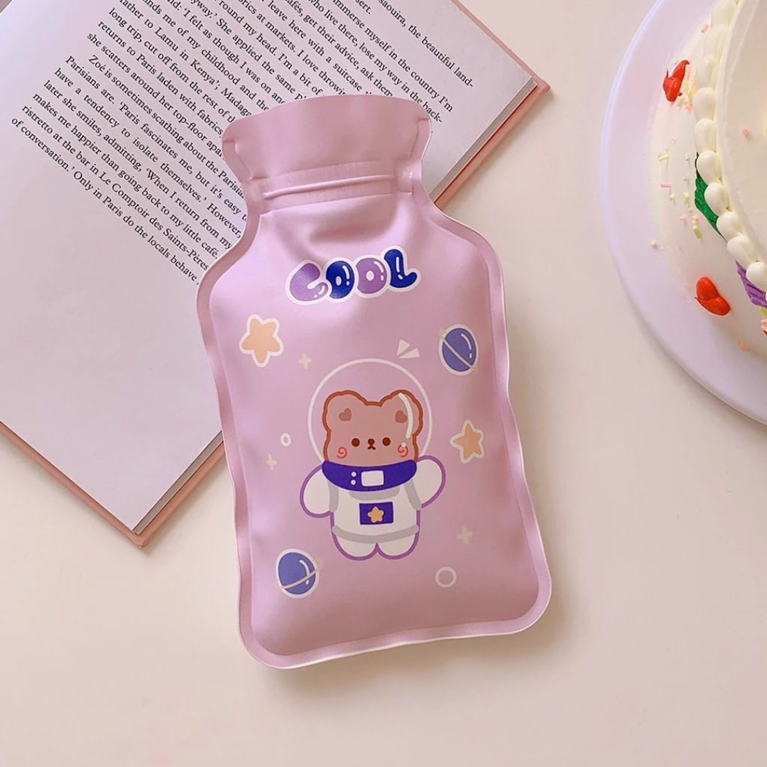 Pink Cute Hot Water Bag cover with cartoon bear print on a light surface - Tinyminymo