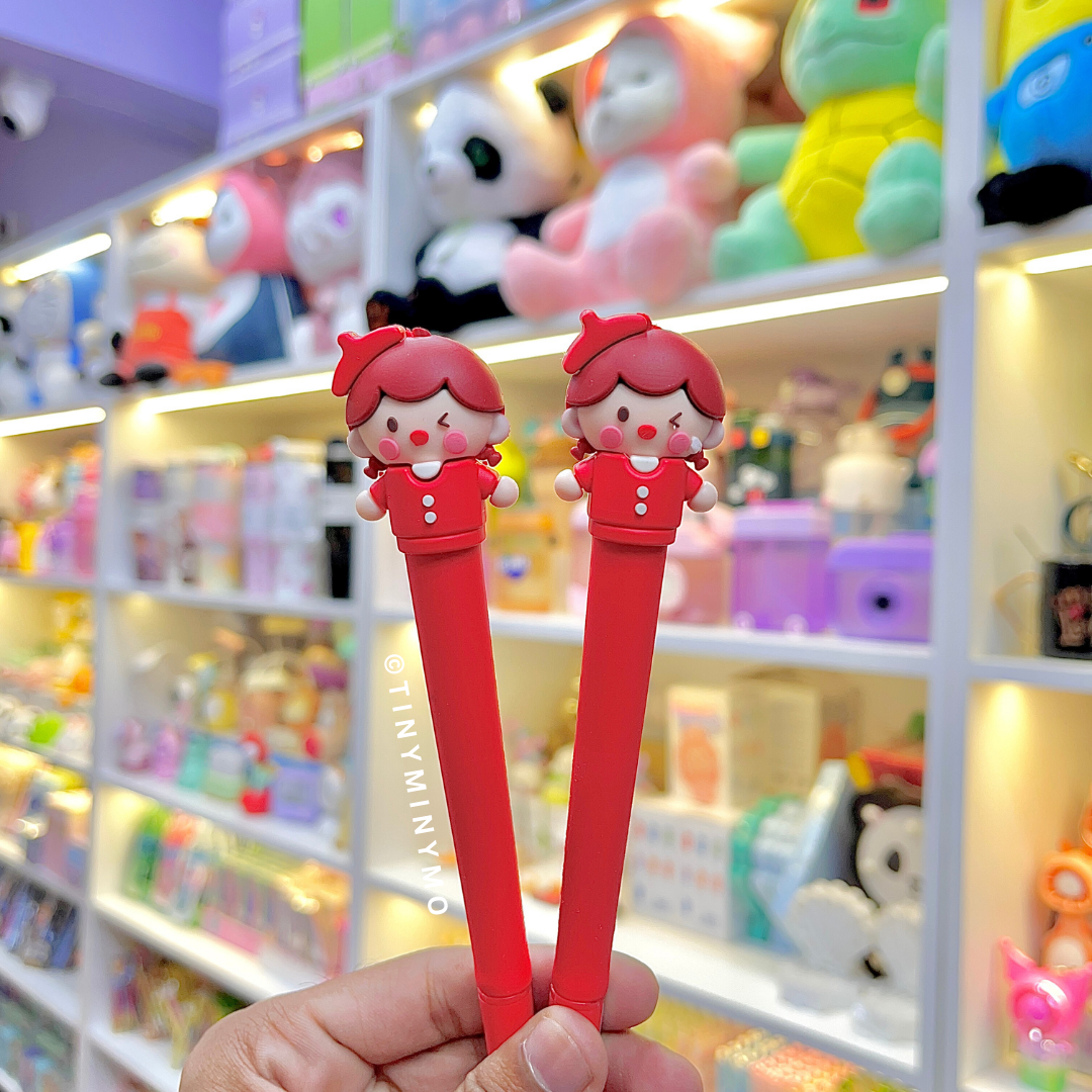 Two Red Cute Kawaii Girl Pen Held in a Hand - Tinyminymo