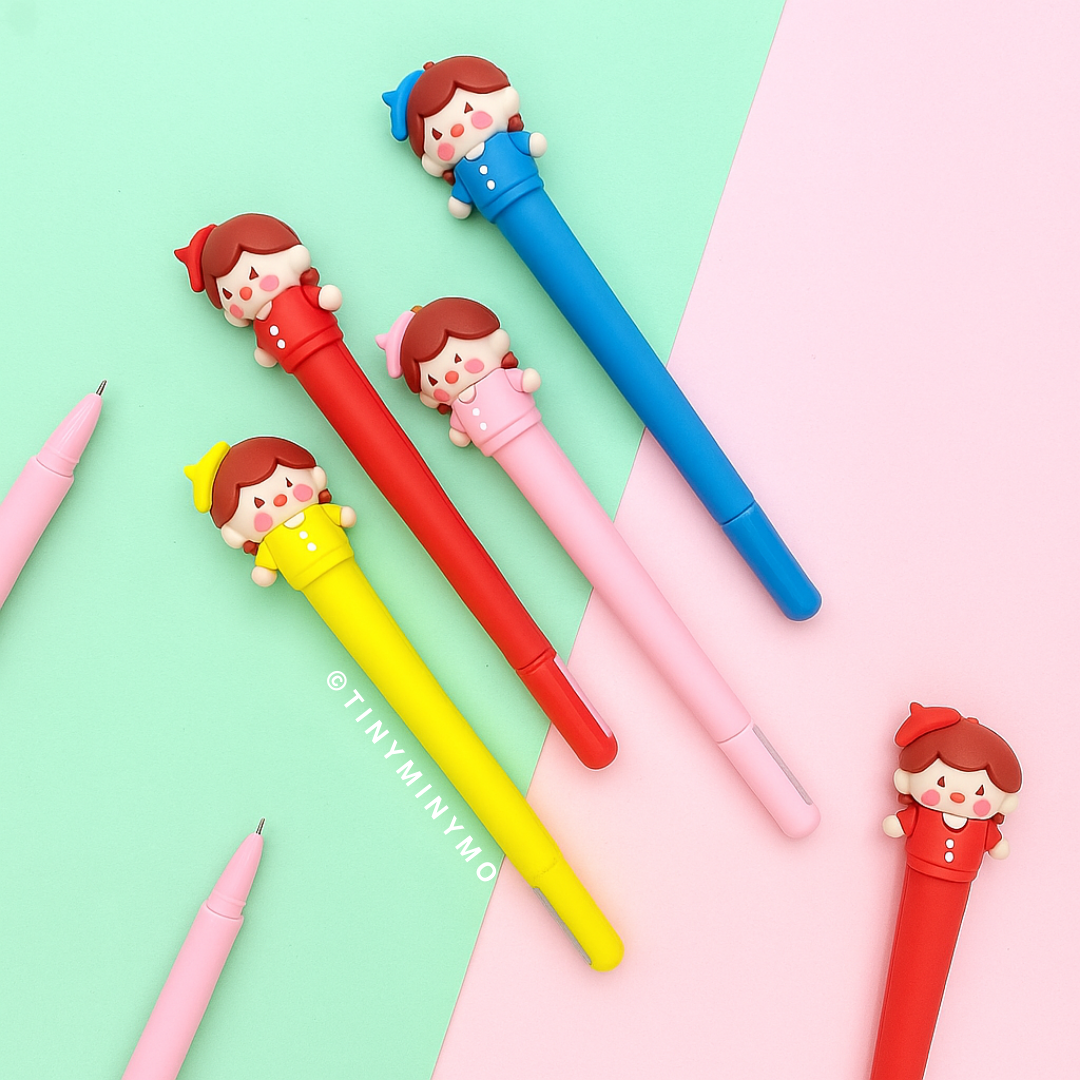 4 Variants of Cute Kawaii Girl Pen on a Pastel Green and Pink Background - Tinyminymo