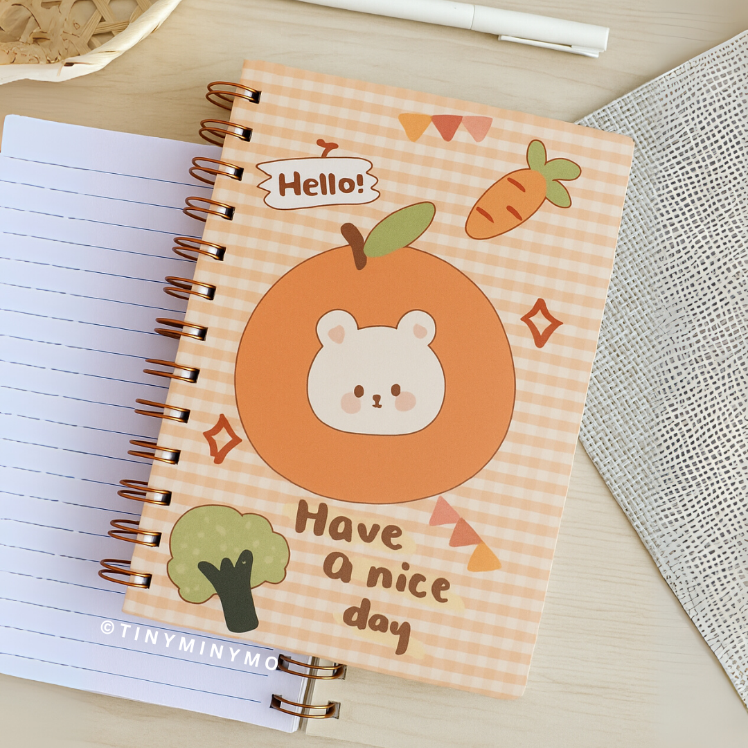 Cute Kawaii Notebook with a Cute Bear Design on an Orange, surrounded by Vegetables - Tinyminymo