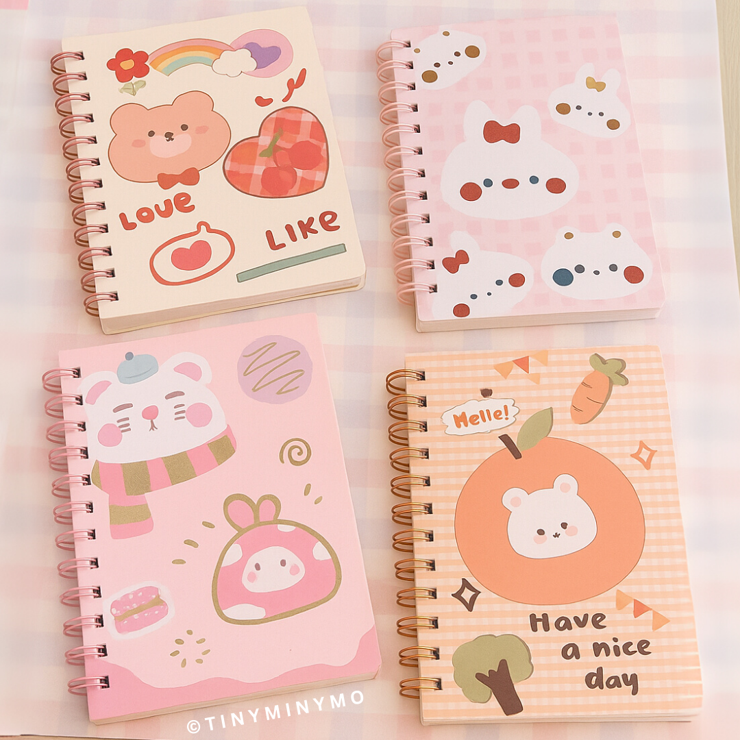 Four Cute Kawaii Notebook with Animal-Themed Designs on a Pastel Background - Tinyminymo