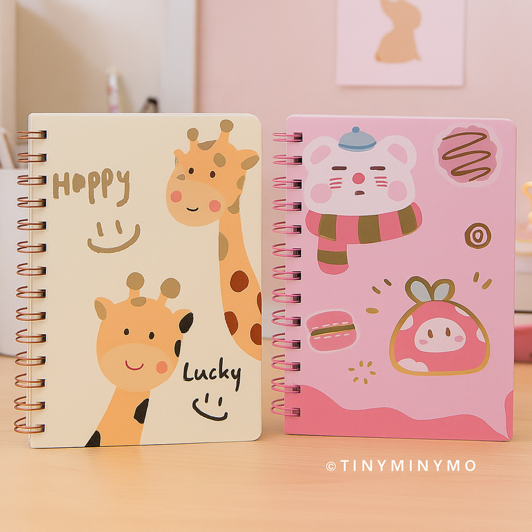 Two Cute Kawaii Notebook Spiral-Bound Notebooks with Animal Designs on a Wooden Surface - Tinyminymo