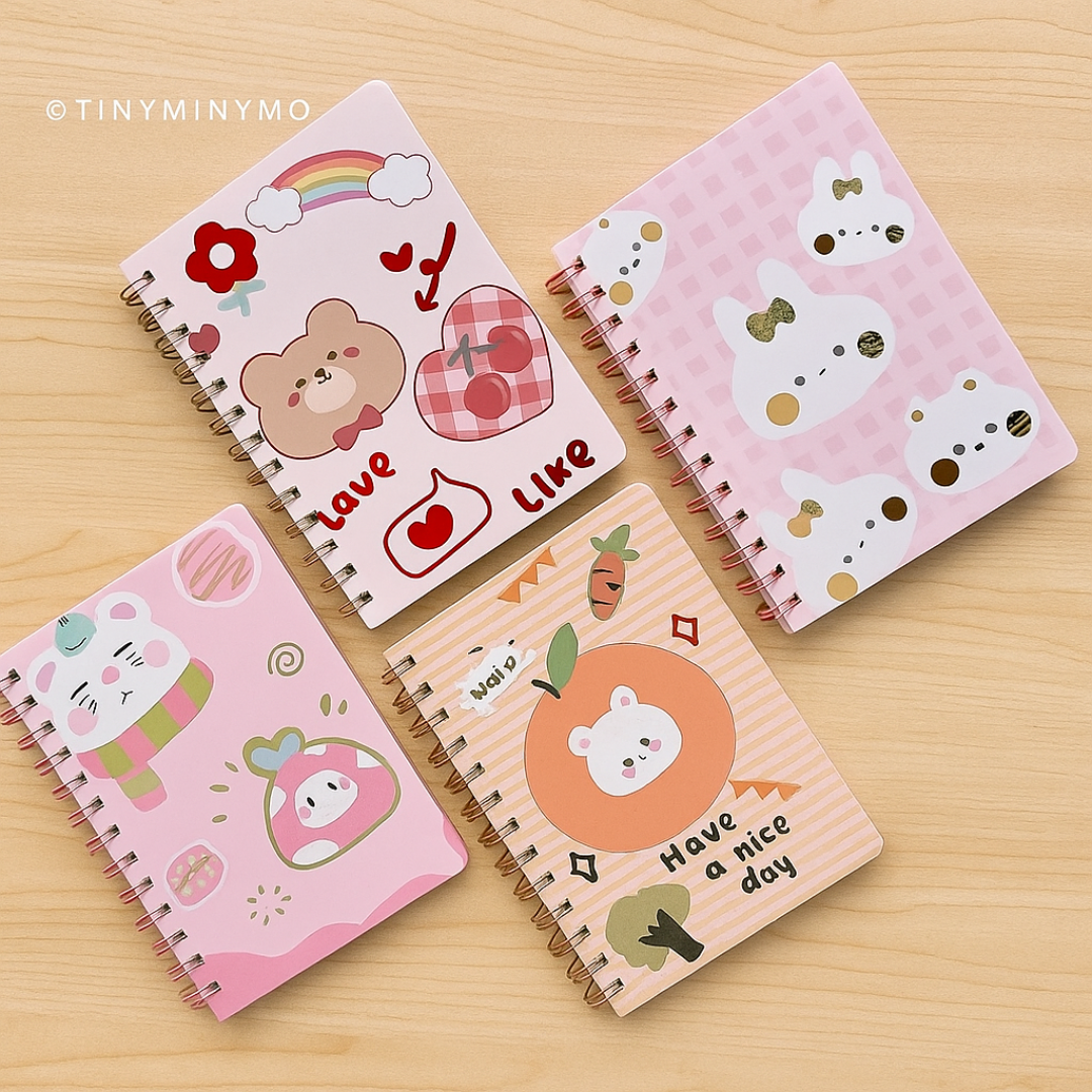 Four Cute Kawaii Notebook on a Wooden Surface - Tinyminymo