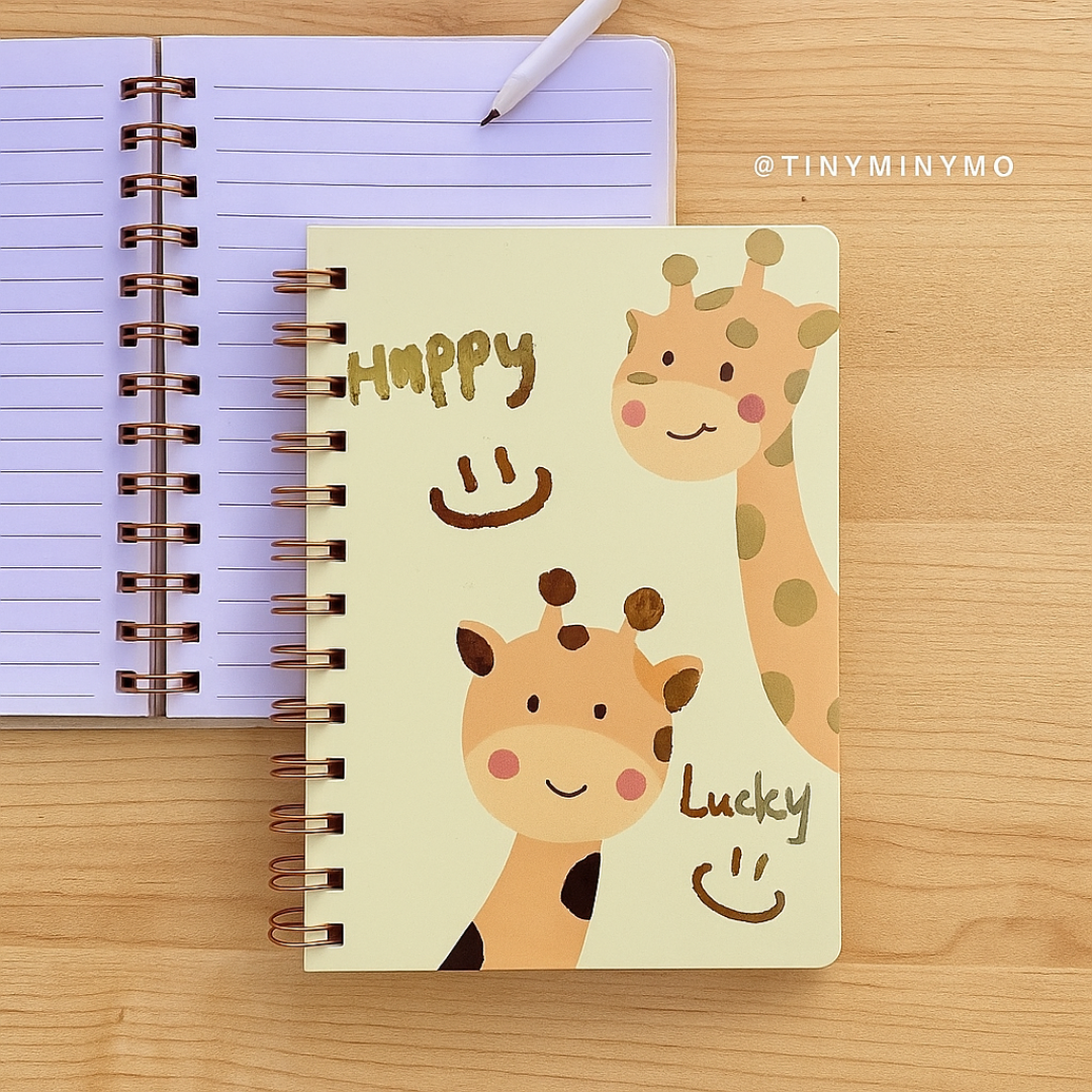 Cute Kawaii Notebook with Giraffes on a Wooden Surface - Tinyminymo