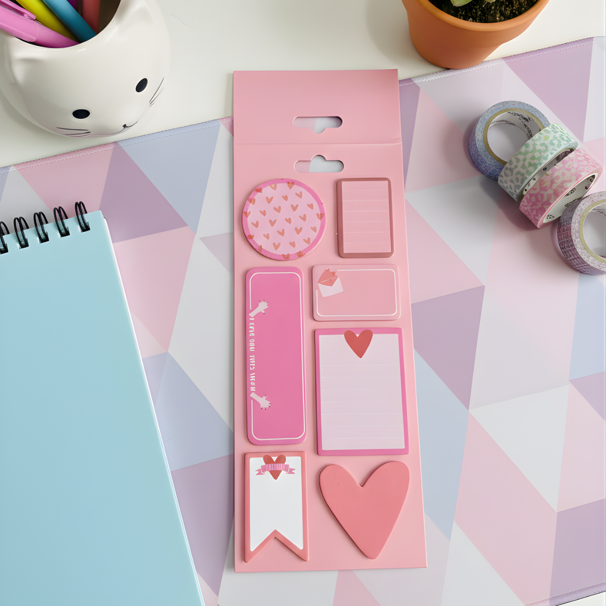 Pink Color decorative sticky note set on a geometric-patterned surface - Tinyminymo