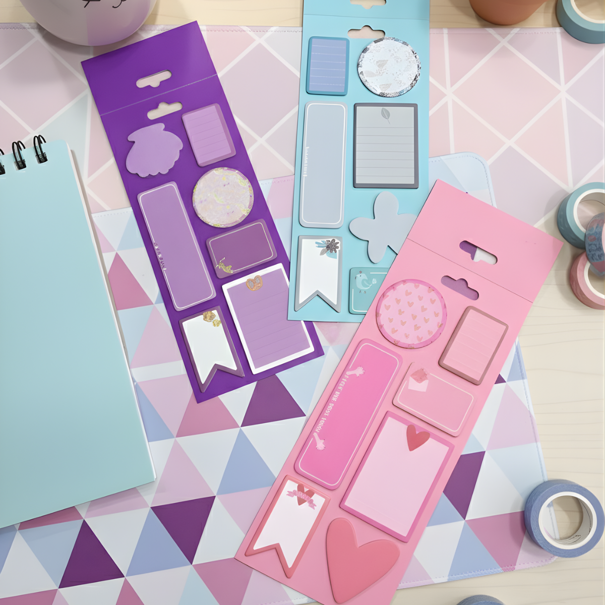 Colorful sticky notes including a Pink, Green and Purple sticker set on a geometric-patterned surface - Tinyminymo