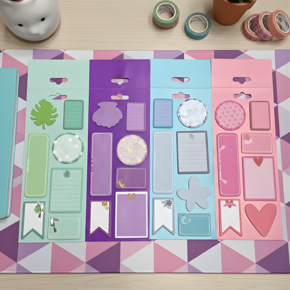 Four different variants of sticky notes including Green, Blue, Purple and Pink - Tinyminymo