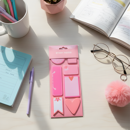 Pink sticky note set on a desk with stationery items - Tinyminymo