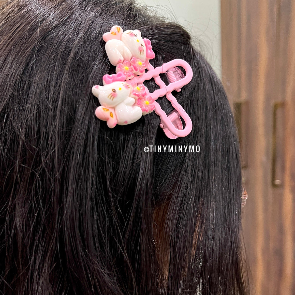 Pink Hair Clip with Kitty Design on Dark Hair - Tinyminymo