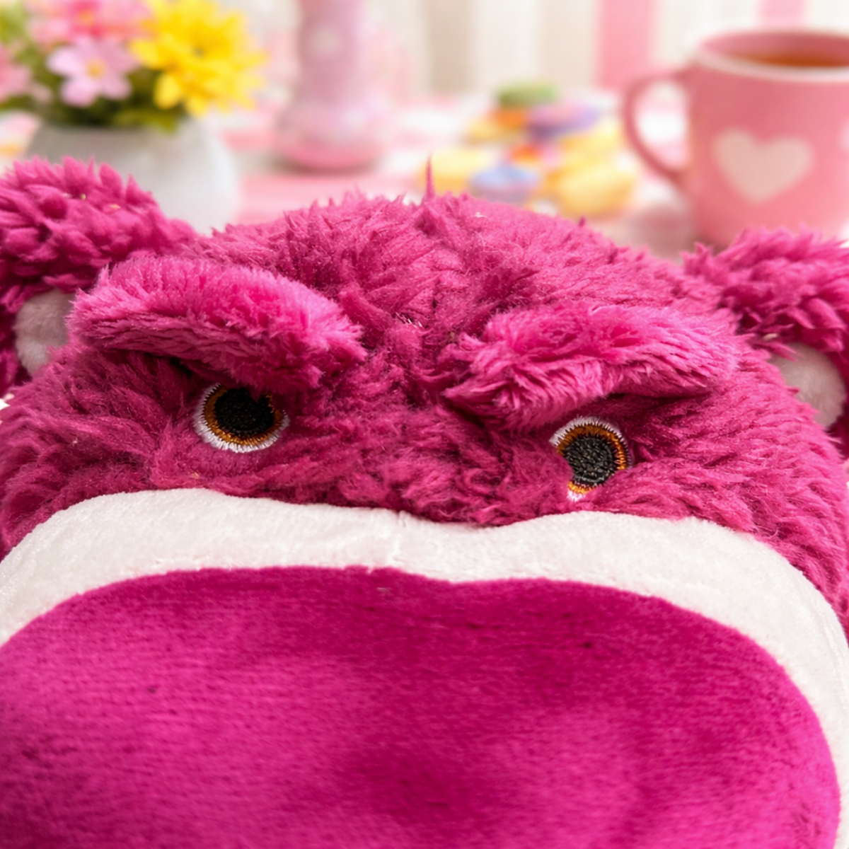 Close up of Eyes of Lotso Bear Soft Toy - Tinyminymo