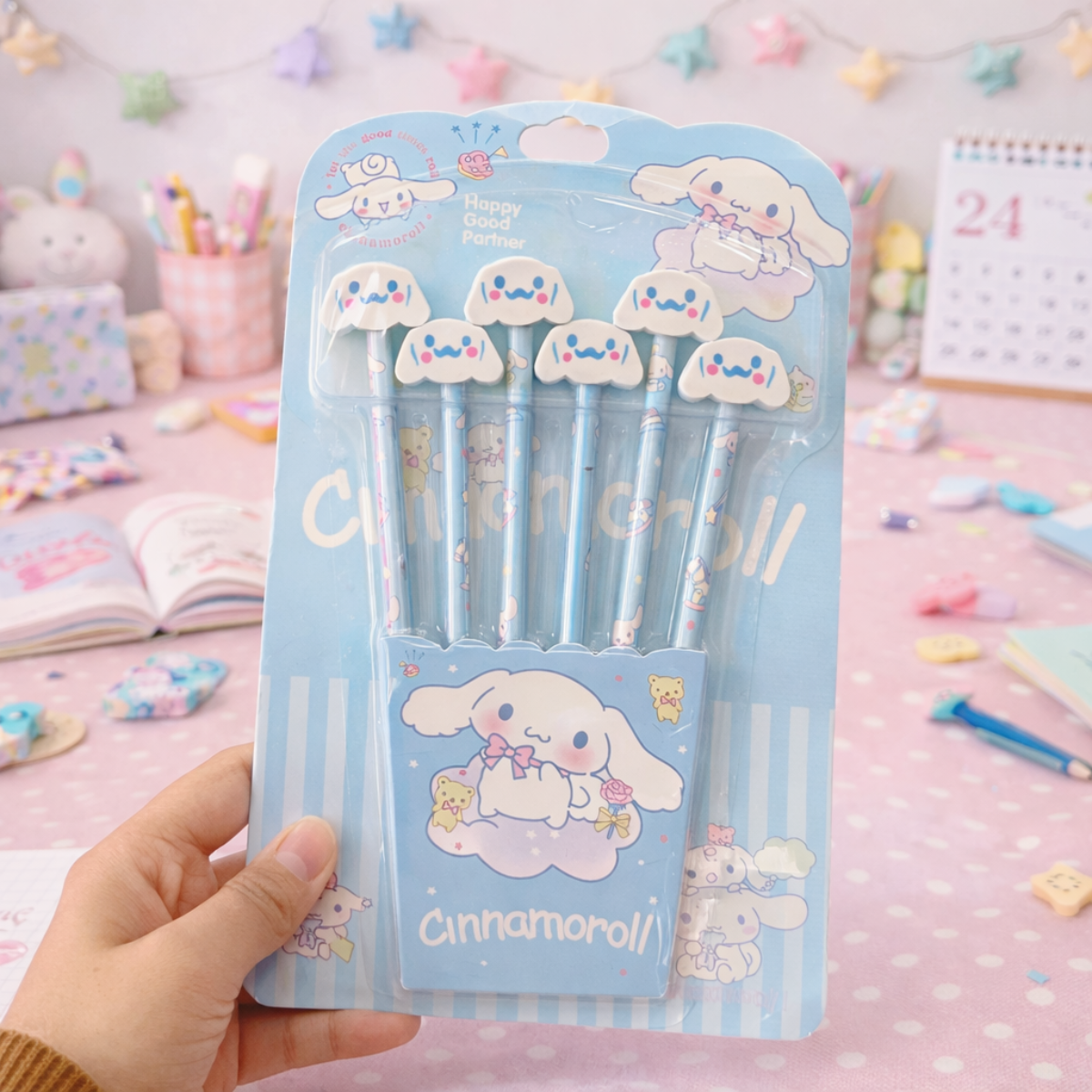 Pack of Cinnamoroll Pencil Set Held by a Hand - Tinyminymo