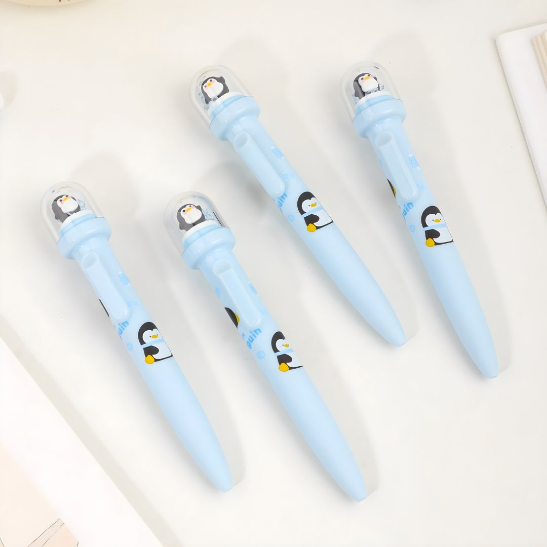 Four Blue Pens with Penguin Designs on a White Background - Tinyminymo