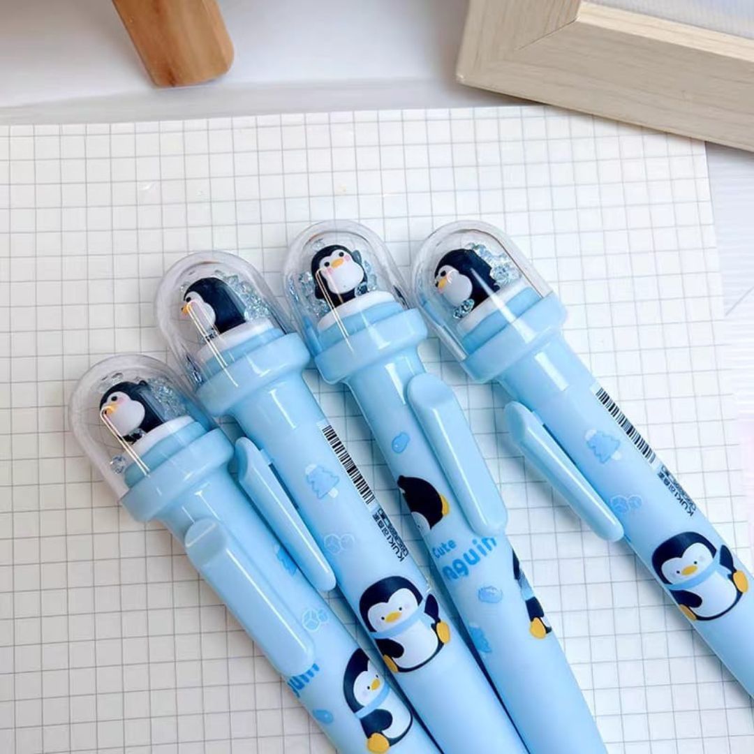 Set of 4 Blue Penguin Pens on a Checkered Page - Tinyminymo