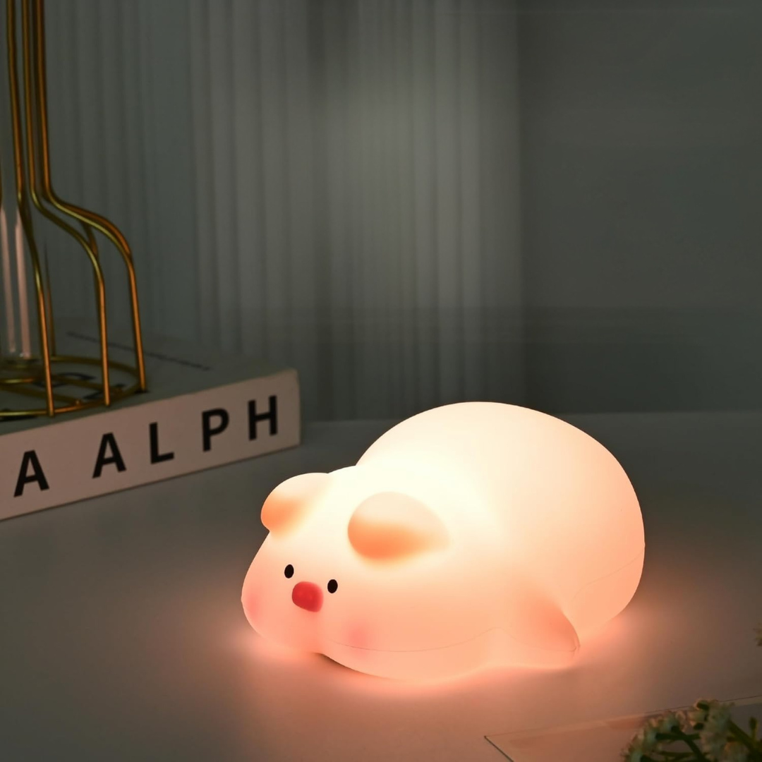 Cute Pig Shaped Night Light glowing in Warm White Color - Tinyminymo