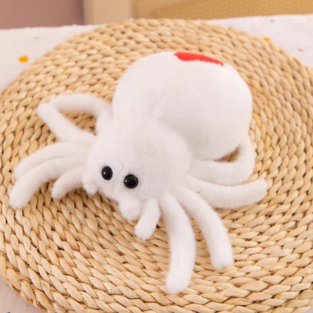 White Cute Spider Soft Toy on a woven mat - Tinyminymo