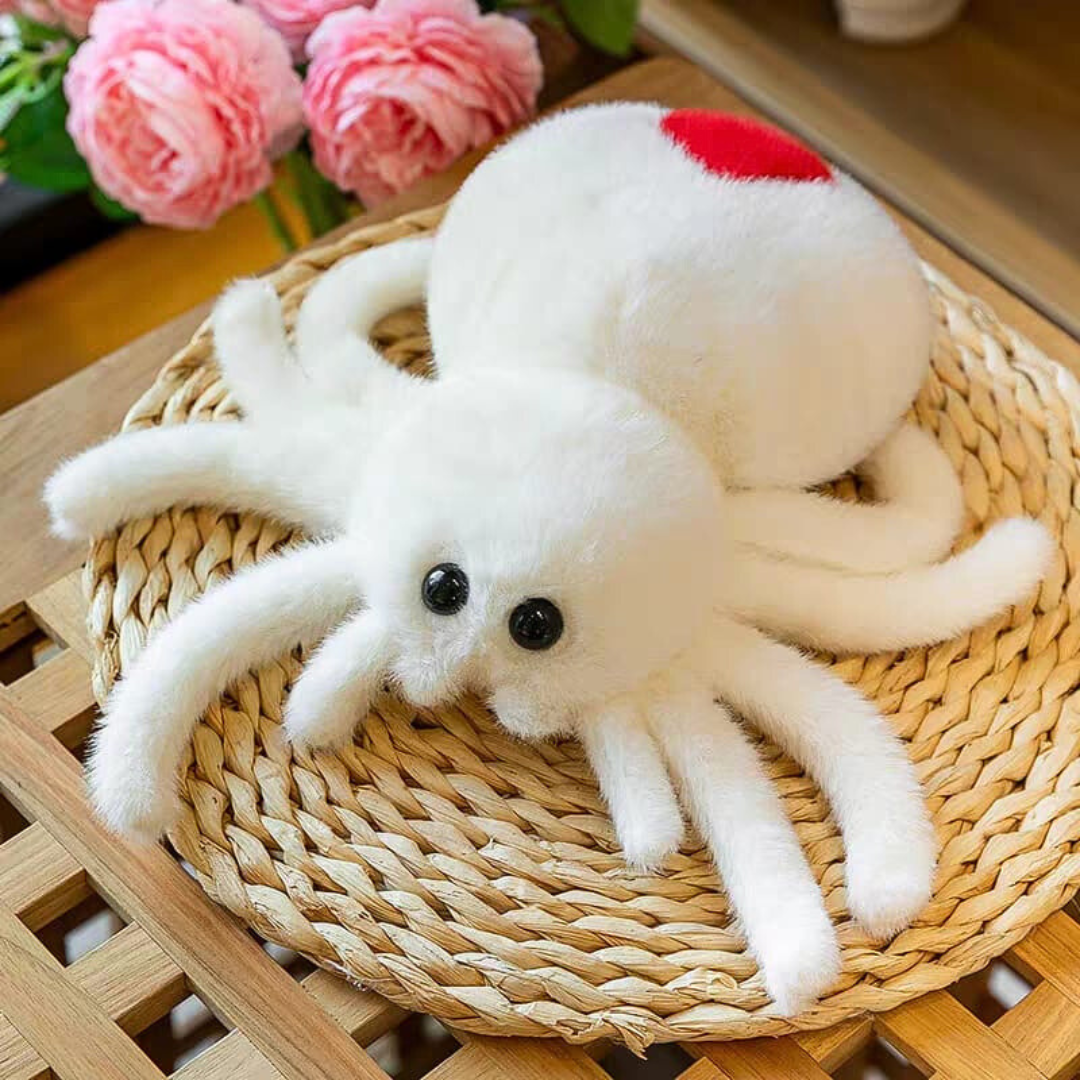 White Cute Spider Soft Toy with a red spot on a woven mat - Tinyminymo