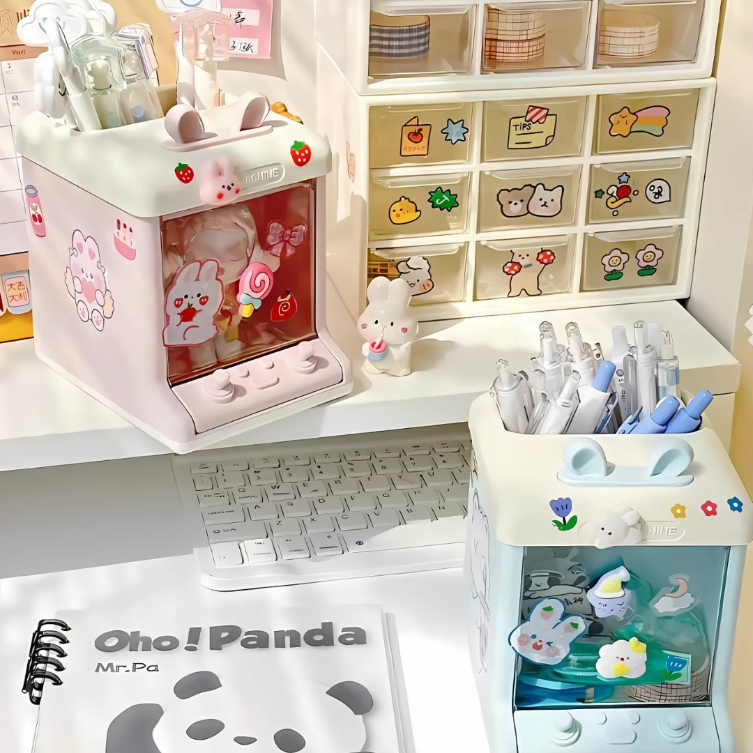 Desk Setup with Stationery Items Including a Pink and Blue Doll Machine  Desk Organizer, Markers and a Notebook - Tinyminymo