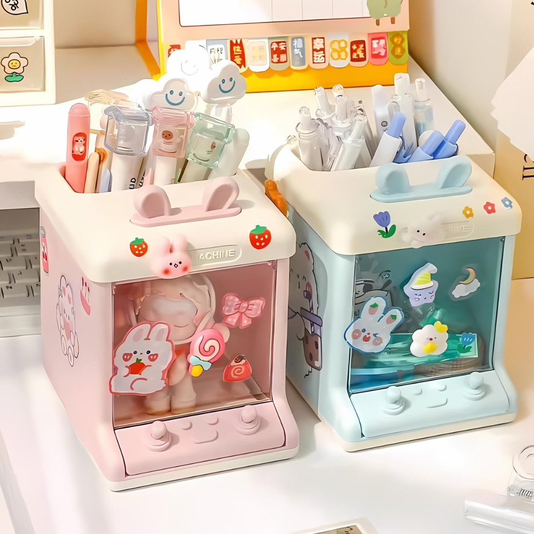 Two Cute Doll Machine Desk Organisers with Stationery Items arranged - Tinyminymo
