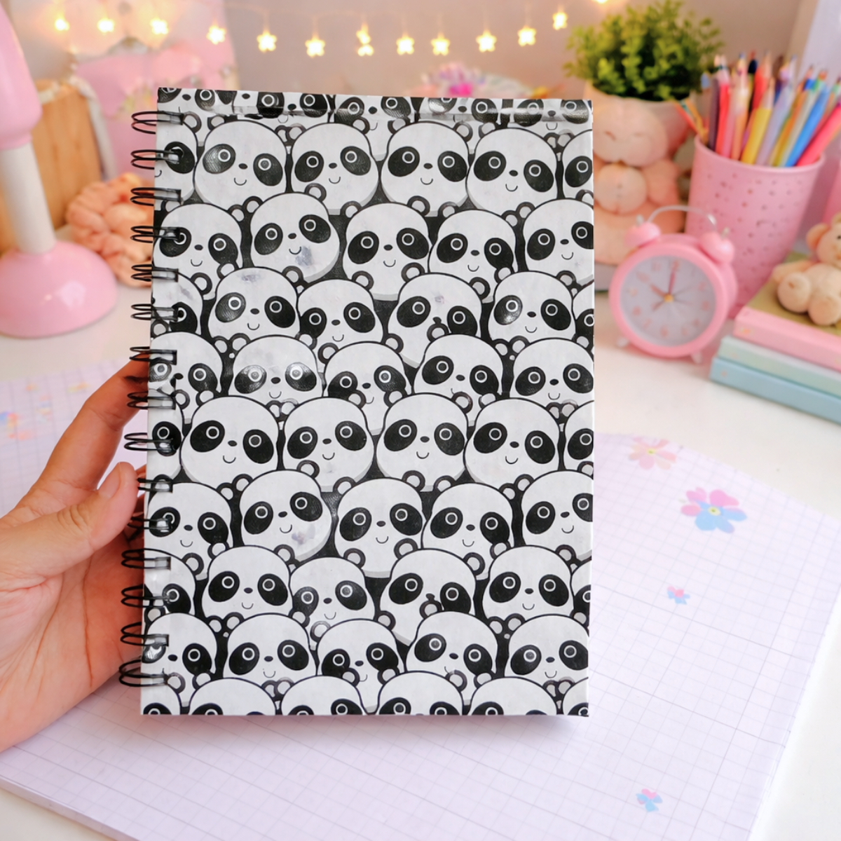 Panda Design Doodle Cover Diary held in a Hand - Tinyminymo