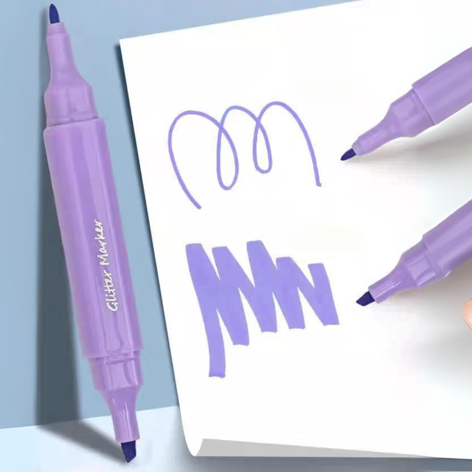 Purple Dopamine Color Dual sidHighlighter on a Piece of Paper with Sample Text, Placed Against a Light Blue Background – Tinyminymo