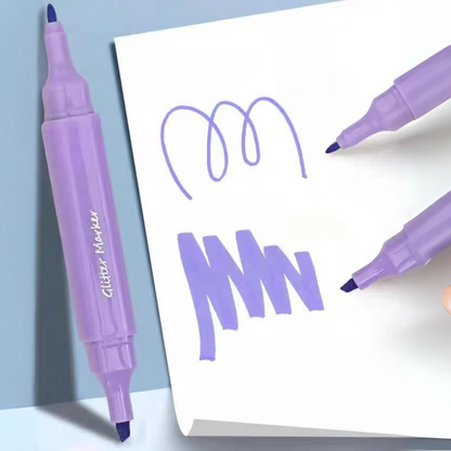Purple Dopamine Color Dual sidHighlighter on a Piece of Paper with Sample Text, Placed Against a Light Blue Background – Tinyminymo