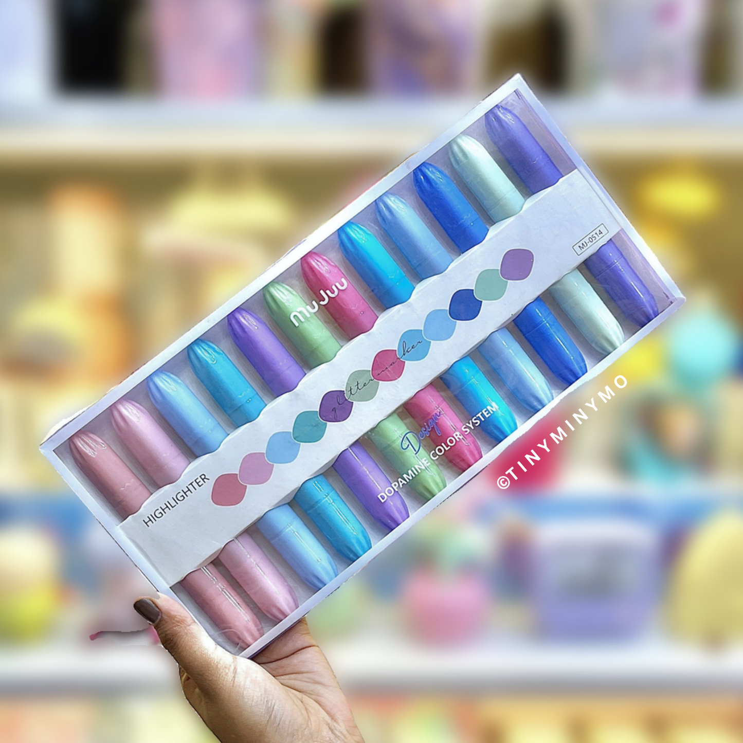 Box of Dopamine Color Highlighter Set Held by a Hand with a Blurred Store Background – Tinyminymo