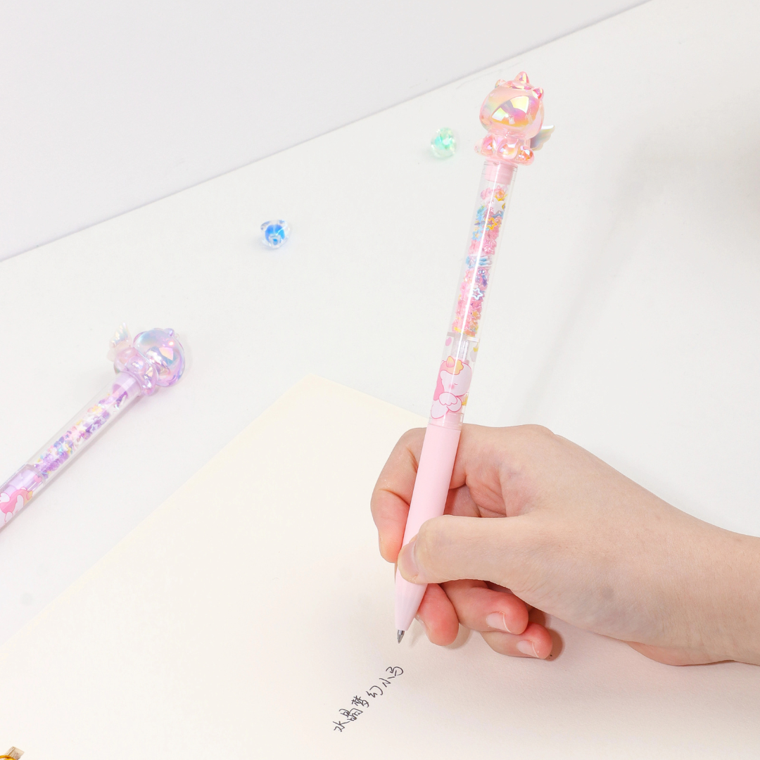 Writing with a Pink Color Glitter Unicorn Pen - Tinyminymo