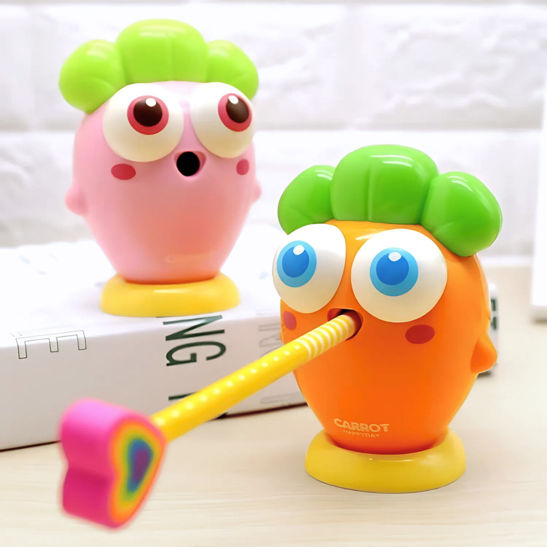 Two colorful Happy Carrot Mechanical Sharpener, Featuring Green Hair and Large Eyes, Sharpening the Pencil - Tinyminymo