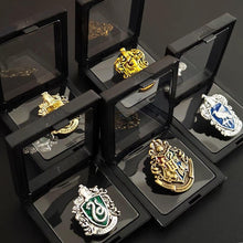 Load image into Gallery viewer, Collection of Harry Potter Hogwarts Crest Lapel Pin in Black Display cases - Tinyminymo
