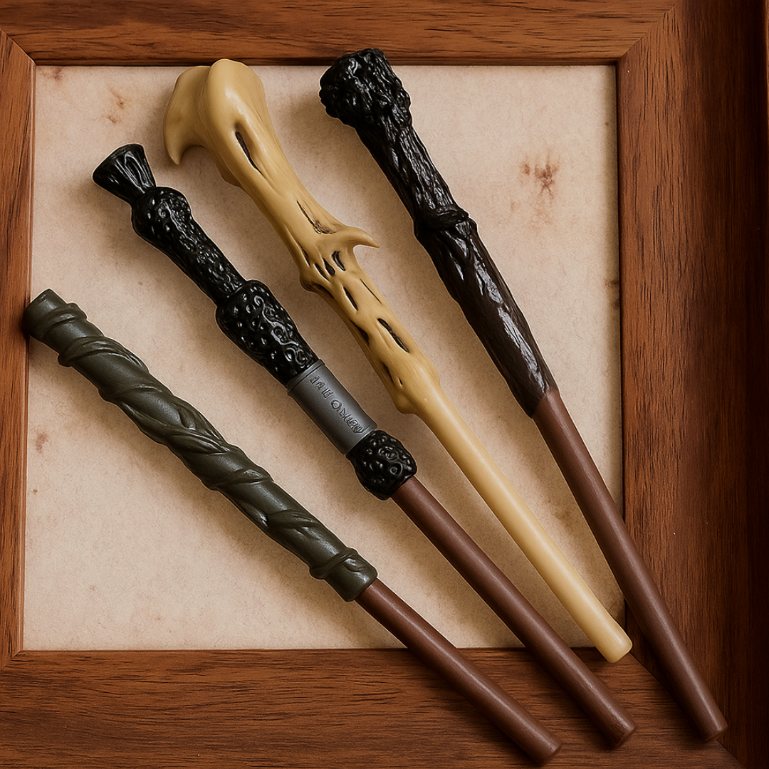 4 Variants of Harry Potter Wand Pen with different designs on a wooden surface - Tinyminymo