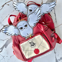 Load image into Gallery viewer, Red Harry Potter's Hedwig Backpack with Owl and a Letter Design on a Marble Background - Tinyminymo
